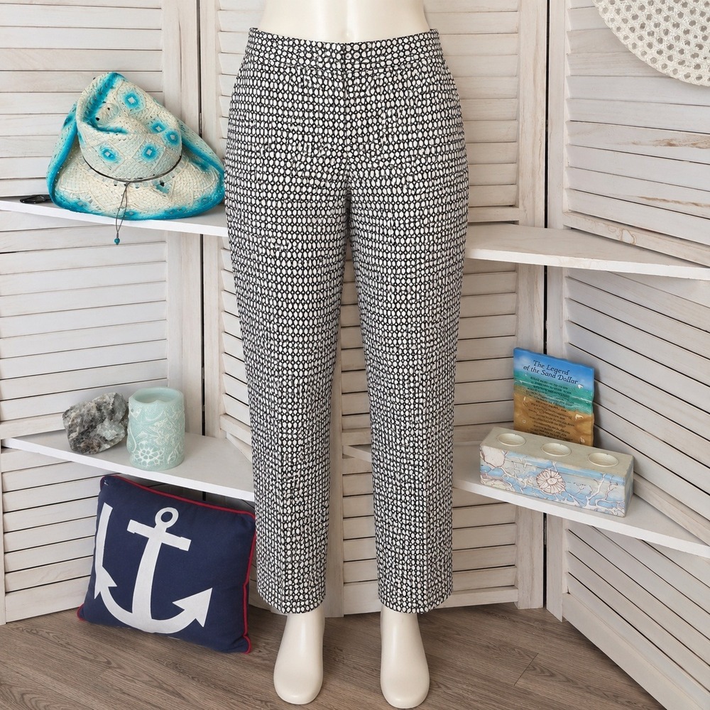 Talbots Chatham Ankle Pants Size 12P Black White Geometric Side Zip No Pockets